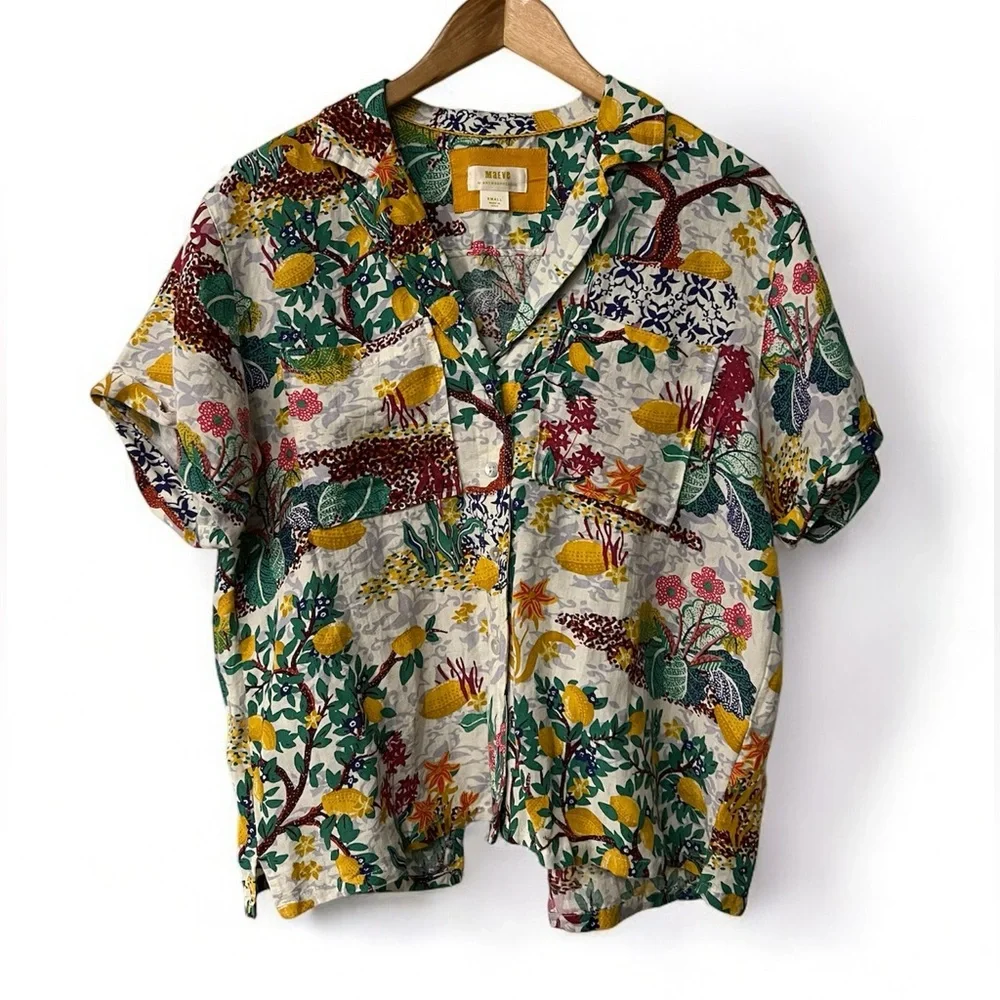 Anthropologie Linen Viscose Blend Classic Surf Shirt Top Novelty Lemon Small - Picture 3 of 8